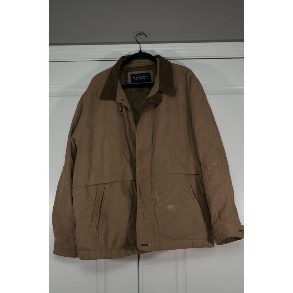 Roundtree & Yorke Mens XXL Tan Canvas Barn Jacket Corduroy Collar Quilted Lined